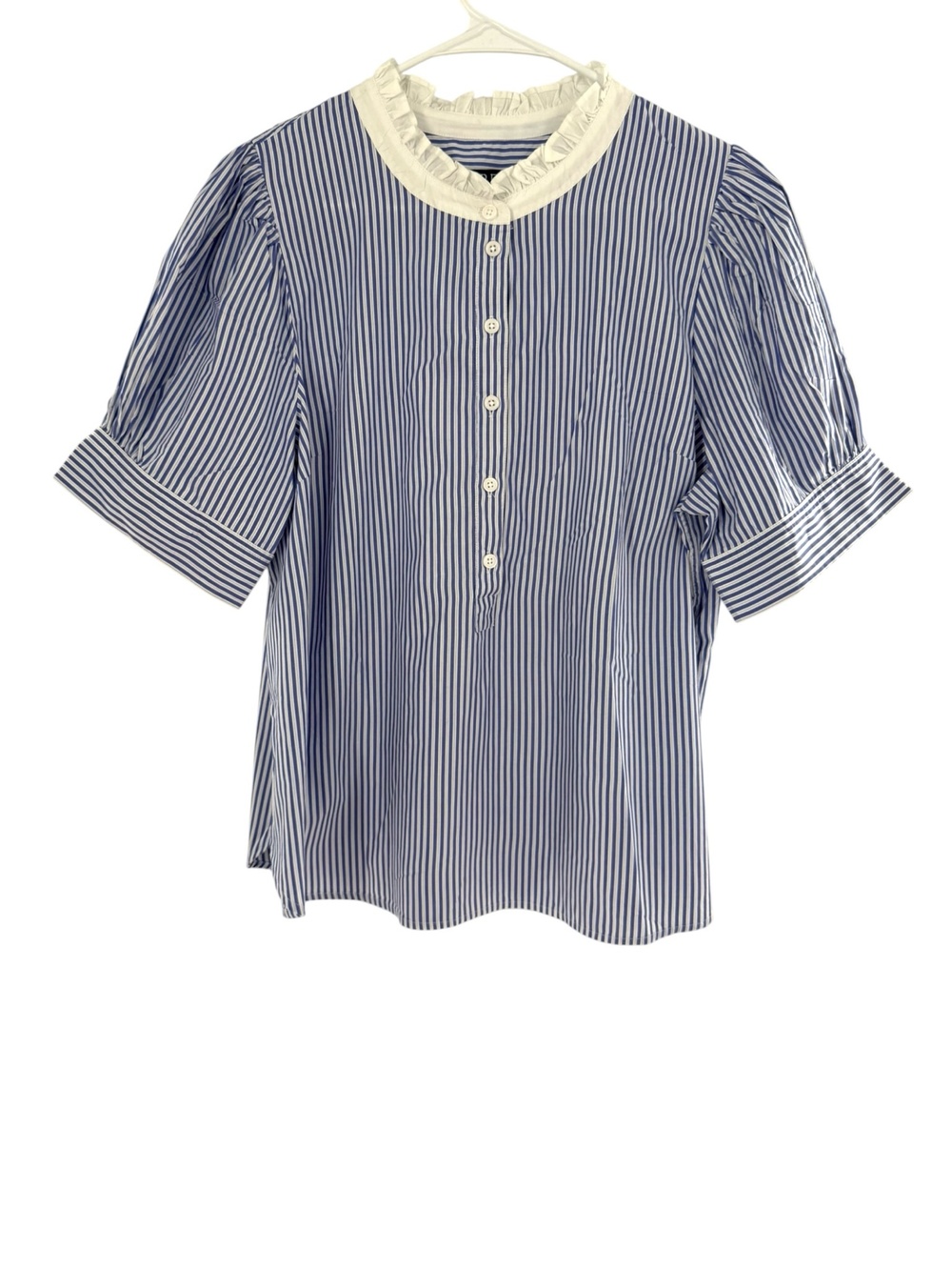 J.Crew Blouse Womens XL Blue White Stripe Ruffle Neck Puff Sleeve BU333 Cotton